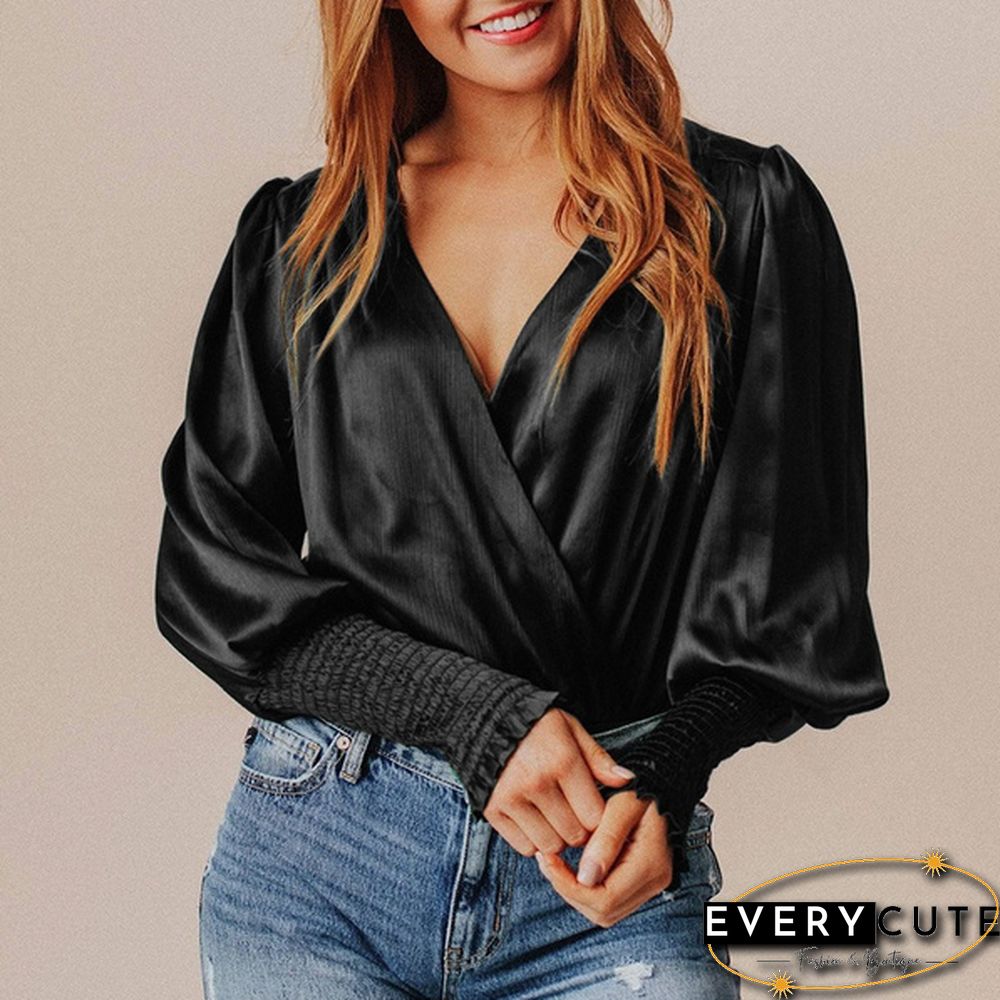 Womens Long-Sleeve Neck Blouse Spring/Autumn Elegant Casual Silk Shirt Ladies Pleated Tops