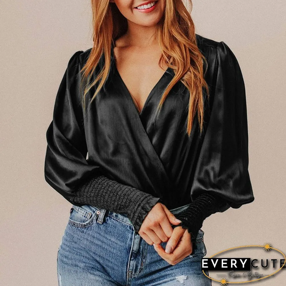 Womens Long-Sleeve Neck Blouse Spring/Autumn Elegant Casual Silk Shirt Ladies Pleated Tops
