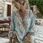 Women's Vintage Pink Floral Embroidered Art V-neck Long Sleeve Blouse - Image 6