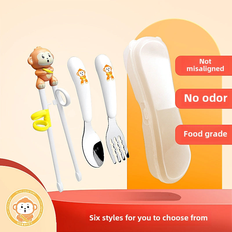 Maternal And Infant Products Portable Feeding Children’s Tableware Set Cartoon Learning Chopsticks Training Chopsticks 304 Stainless Steel Spoon Fork