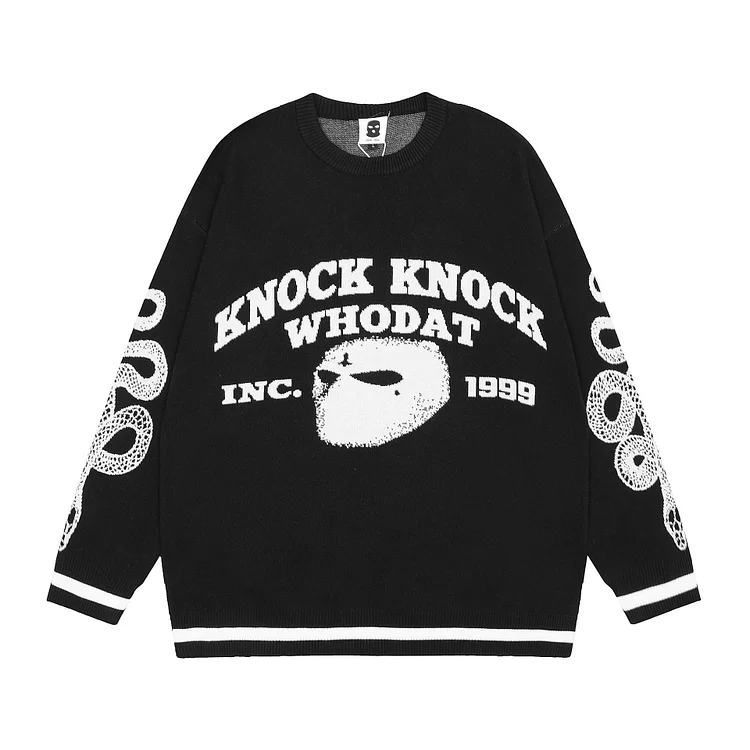 Mask Letter Jacquard Sweater High Street Loose Casual Hip Hop Sweater at Hiphopee