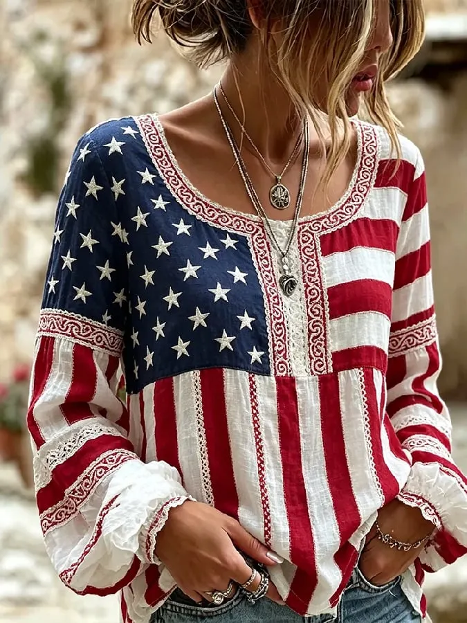 Women's Casual Independence Day Floral Print Long-Sleeve Top 
