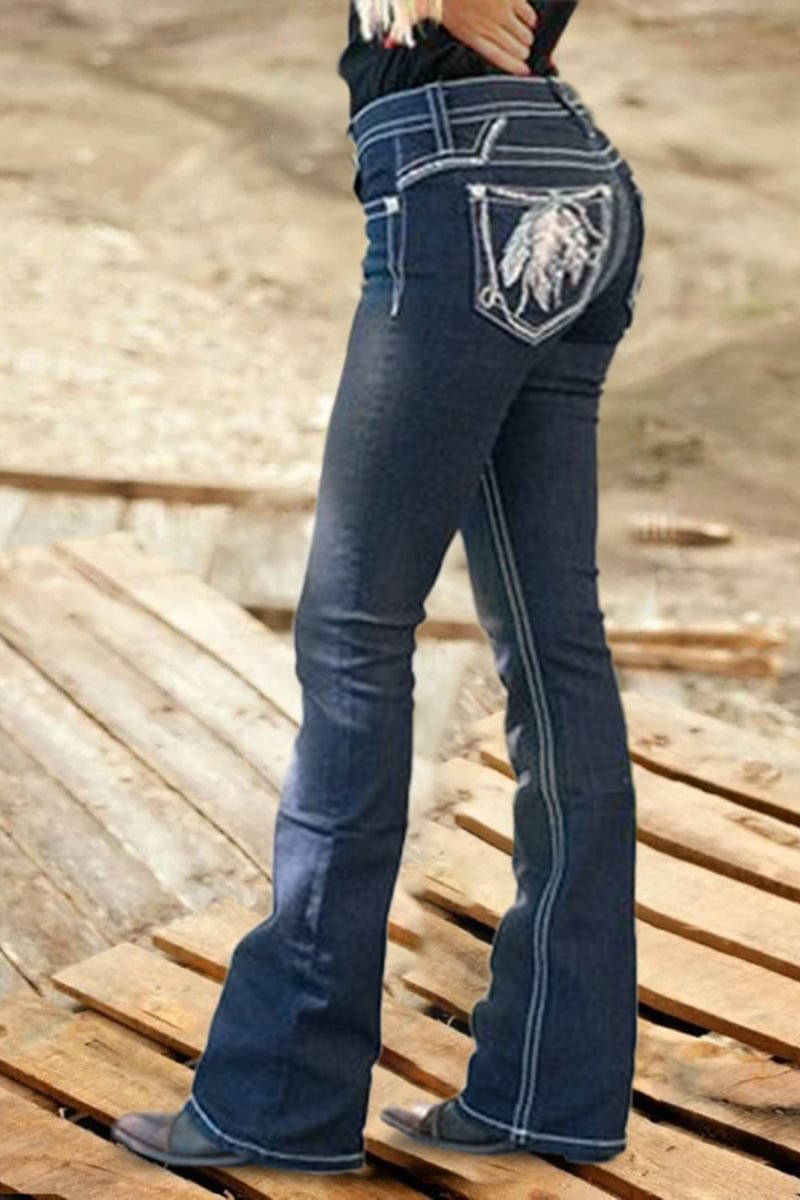 Vintage Embroidery Pocket Low Waist Bootcut Jeans