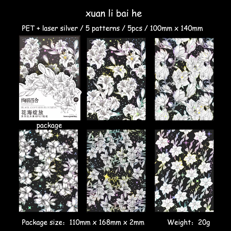 Journalsay 5 Sheets Vintage Flower Laser Silver PET Decor Sticker watcrproof