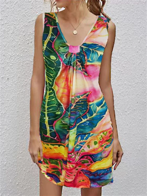 Women Sleeveless V-neck Graphic Mini Dress