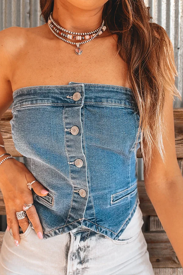 Vintage Washed Bandeau Buttoned Denim Vest