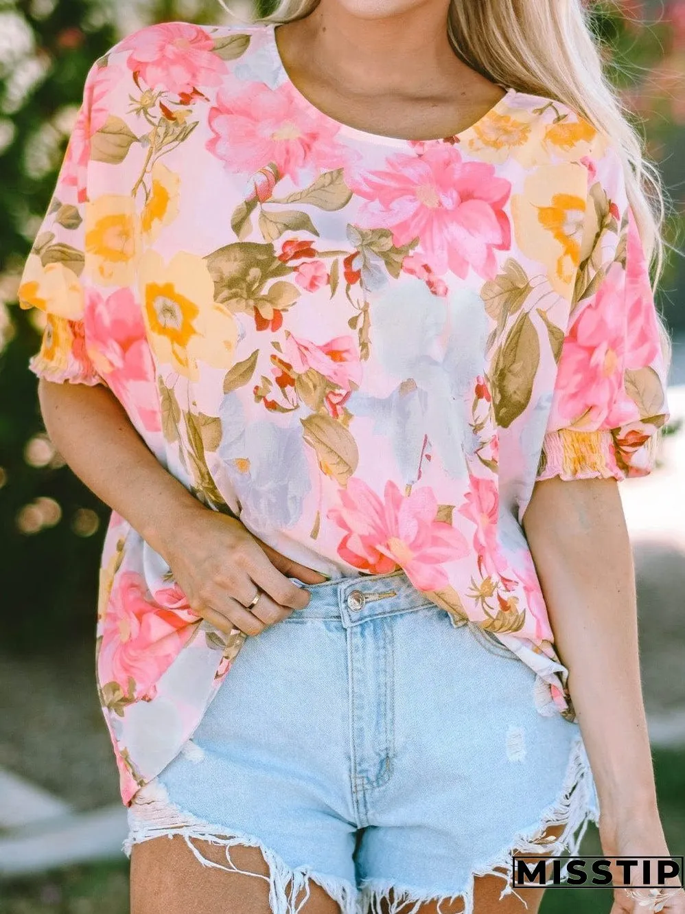 Pink Floral Loose Fit Blouse with Shirred Cuffs
