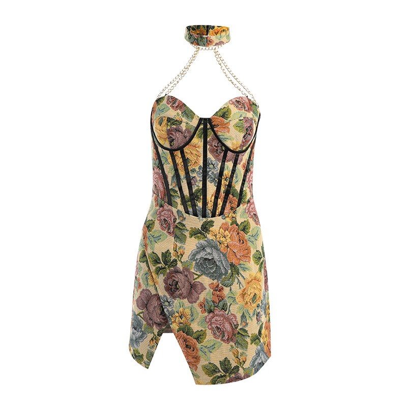 Hawthaw Women Elegant Halter Floral Printed Party Club Bodycon Split Straps Mini Dress 2022 Summer Clothes Wholesale Items