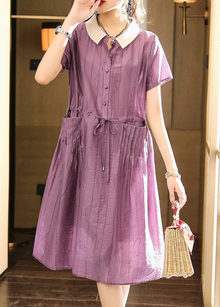 Italian Purple O-Neck Patchwork Drawstring Button Party Long Dress Summer
