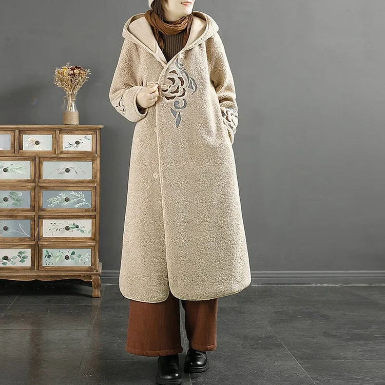Women Retro Embroidery Hooded Woolen Overcoat