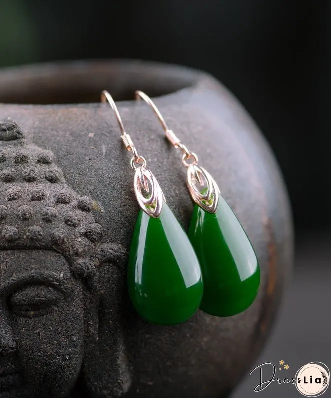 Retro Silk Sterling Silver Inlaid Jade Water Drops Drop Earrings