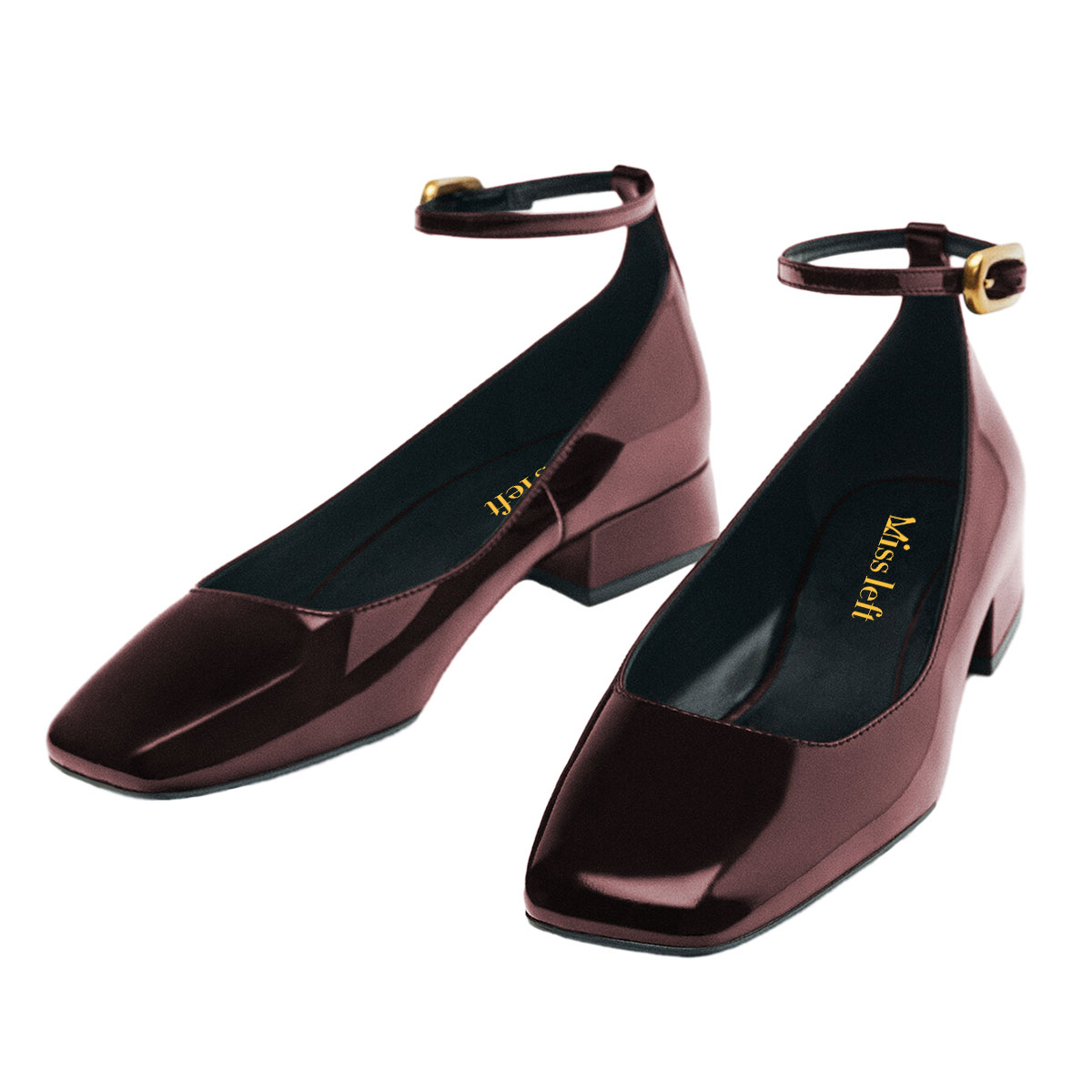 Mirror Square Toe Block Heel Buckle Ankle Strap Pumps Shoes in Brown Nicepairs