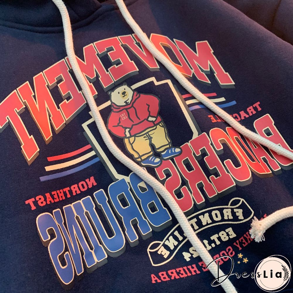 Unisex Street Retro Bear Letter Offset Hoodie