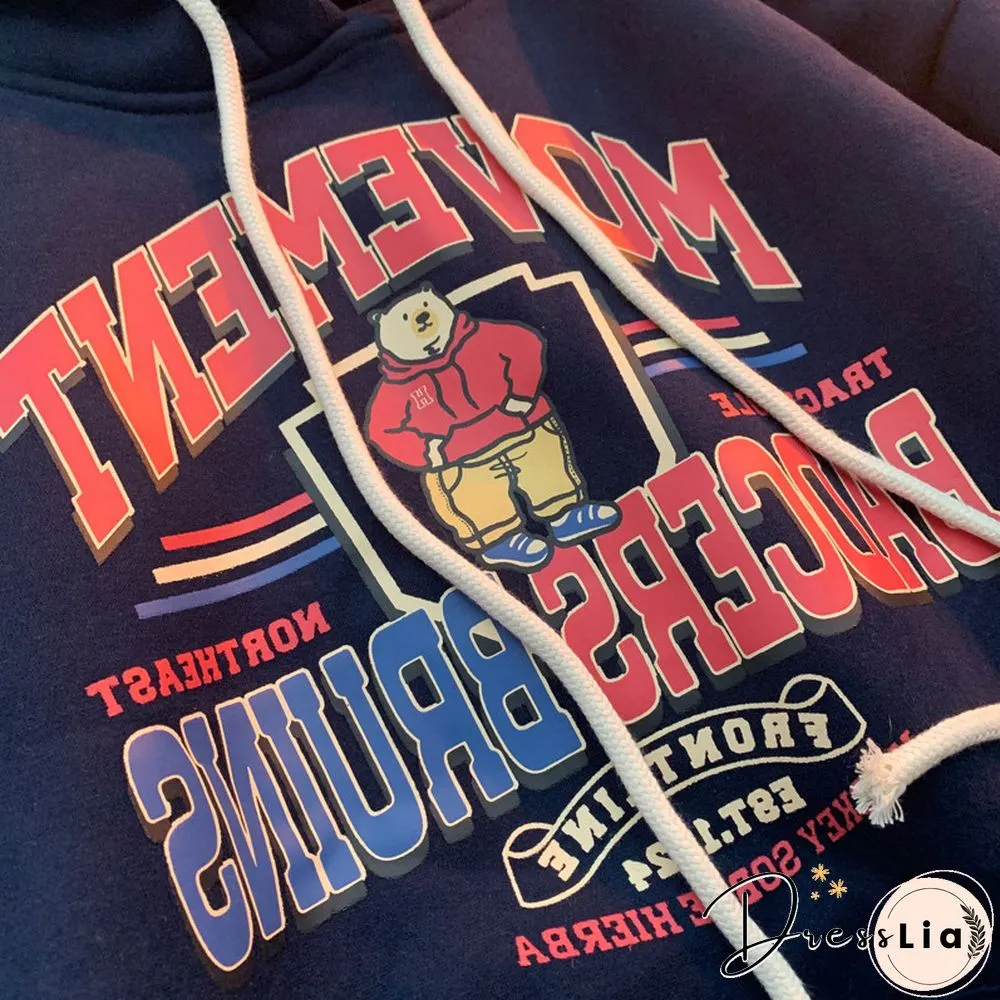 Unisex Street Retro Bear Letter Offset Hoodie