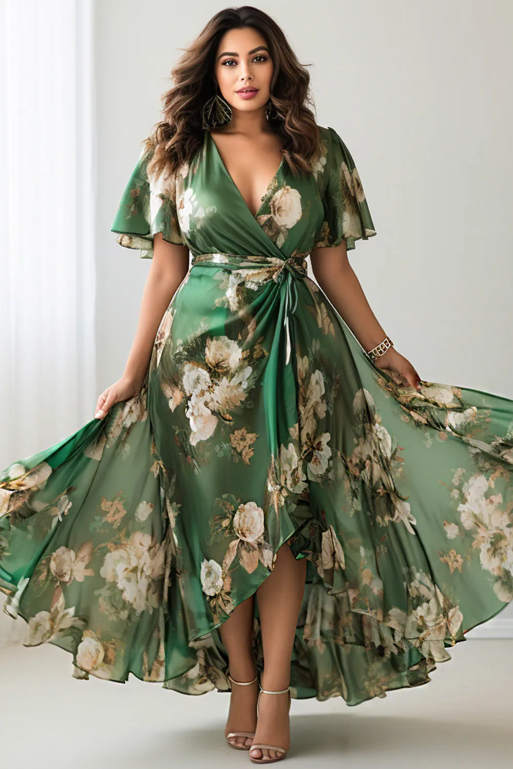 Flycurvy Plus Size Everyday Green Floral Print Wrap Waist Flutter Sleeve  Maxi Dress- Flycurvy
