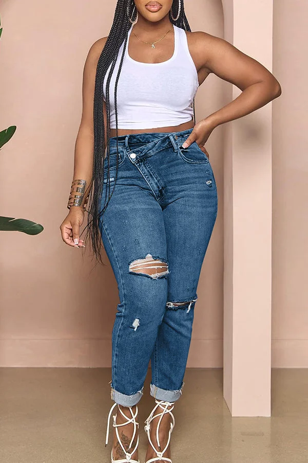 Casual Ripped Diagonal Buckle Stretch Jeans