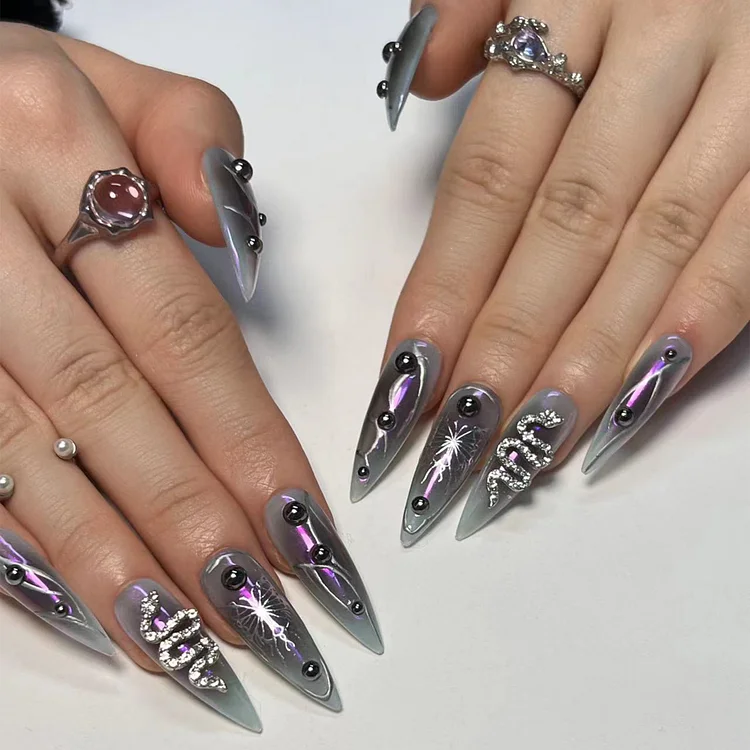 24pcs/Set Y2k Snake Print Embellished Diamond Manicure Pointed Nails Wearable Patch Nails