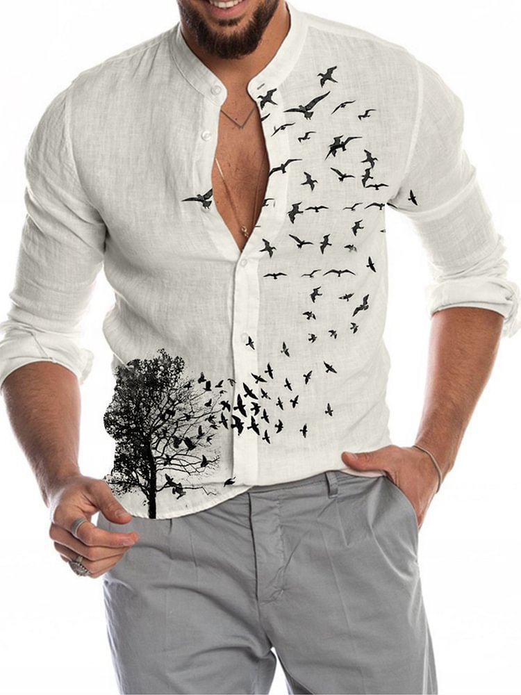 Pre-sale Men's Flying Bird Linen Cardigan Long Sleeve Shirt