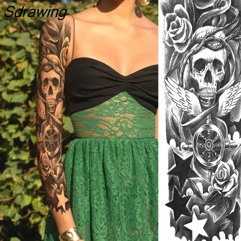Sdrawing Totem Tattoo Arm Sleeve For Men Women Adult Realistic Fake Skeleton King Temporary Tattoo Evil Eye Demon Death Skull Tatoo