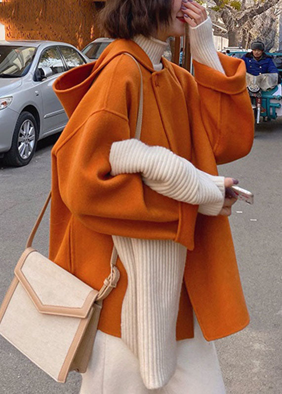 VCSHOES Orange Patchwork Woolen Hooded Coat Fall