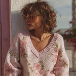Vintage Cottagecore Roses V Neck Cozy Knit Sweater - Image 2