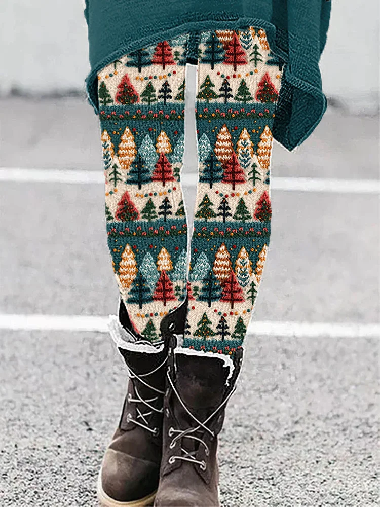 Comstylish Vintage Christmas Tree Knitted Art Print Leggings