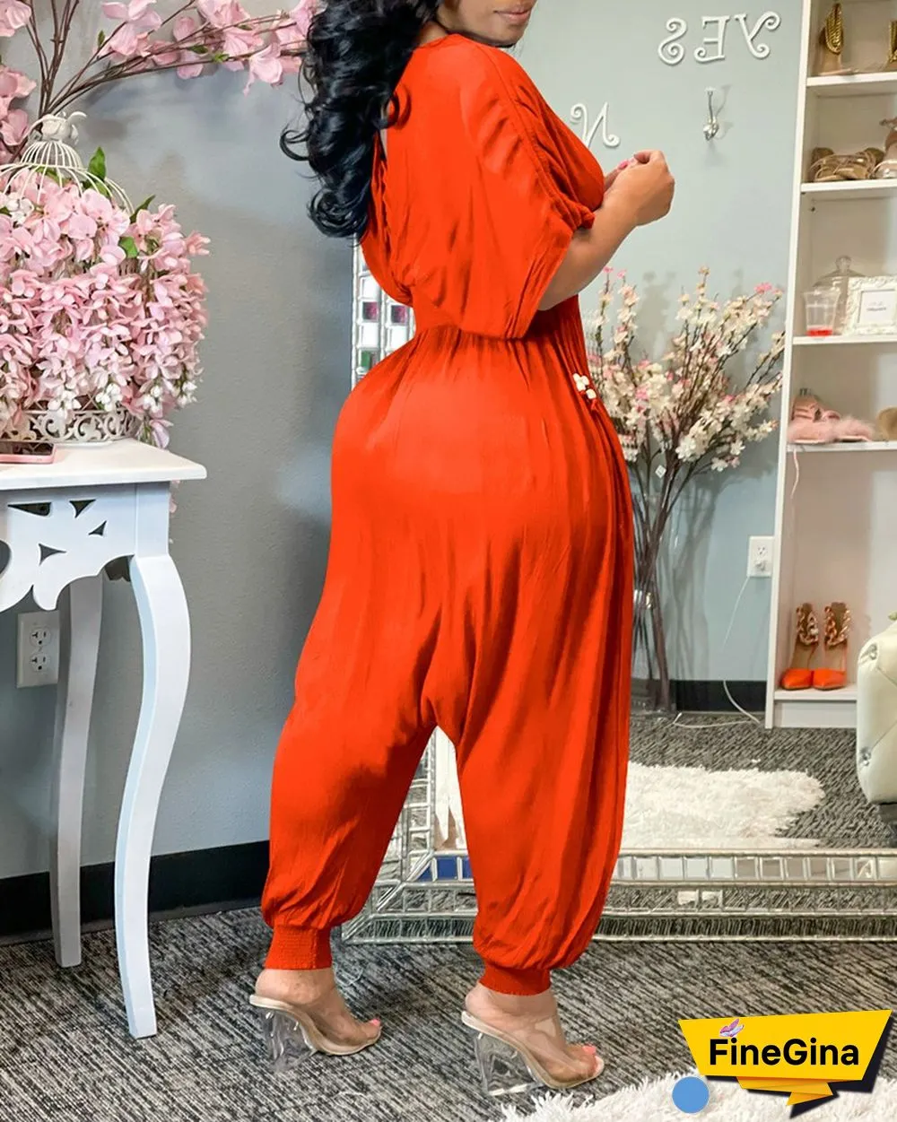 Shirred Short Sleeve Ruched Harem Jumpsuit