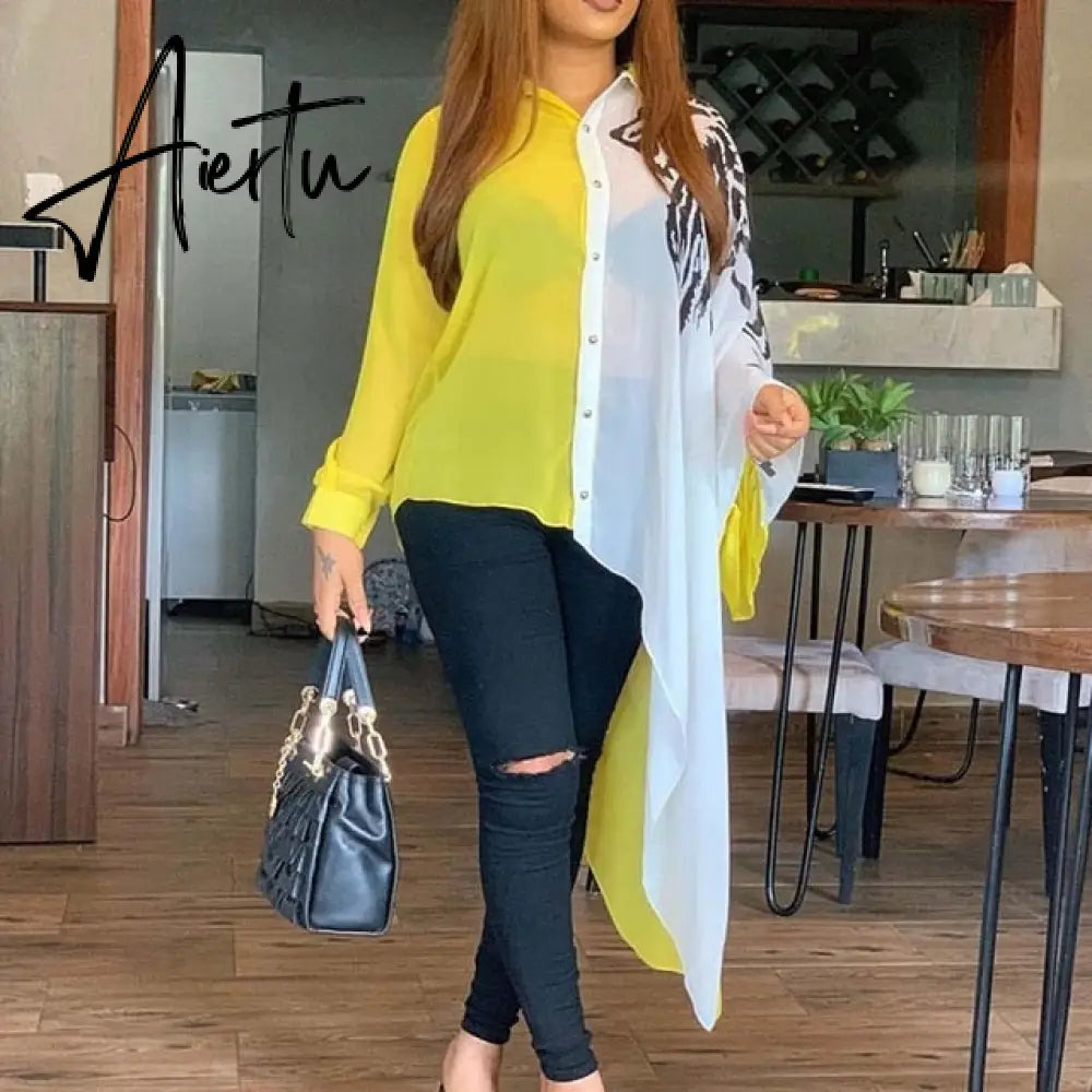 Plus Size 3xl Color Block Yellow Asymmetrical Long Sleeve Blouse Shirt Women Afircan Office Ladies Casual Fall Autumn Tops Aiertu