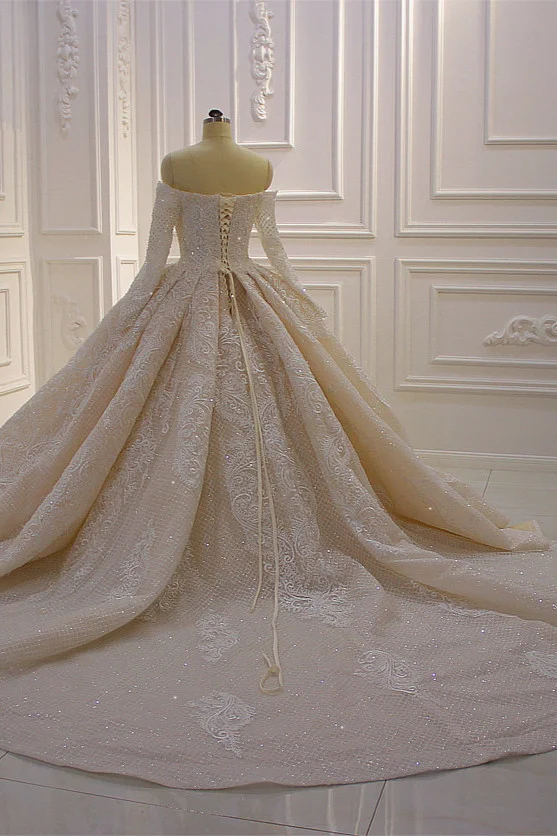 Off-The-Shoulder Long Sleeves Ball Gown Wedding Dresses Boho Garden Lace Tulle main image 1