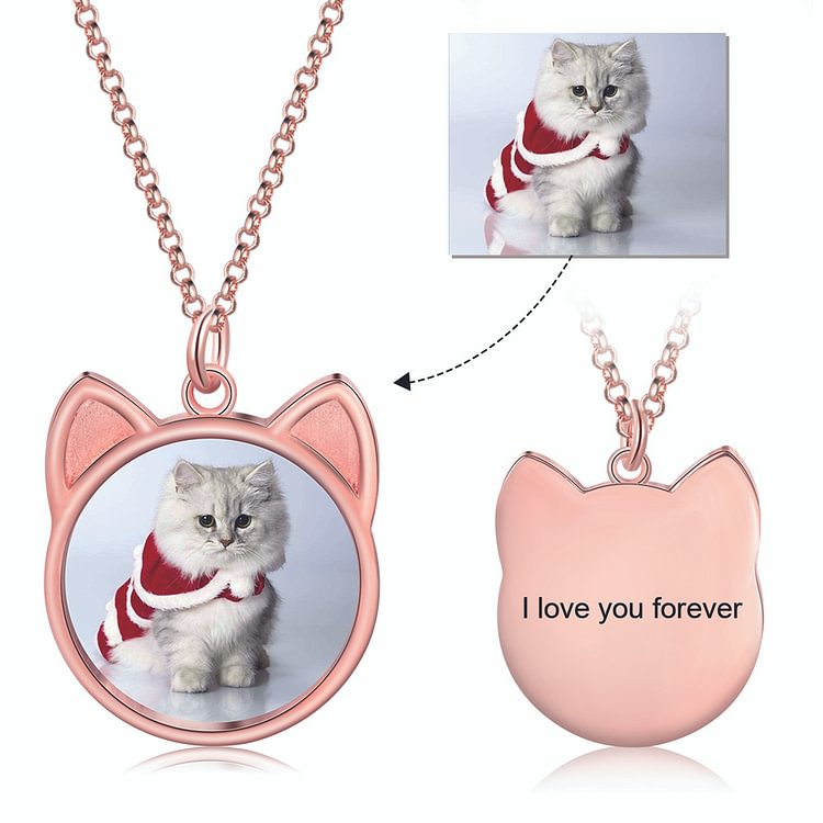 Personalized Picture Necklace Cat Charm with Engraving, Custom Necklace with Picture and Text