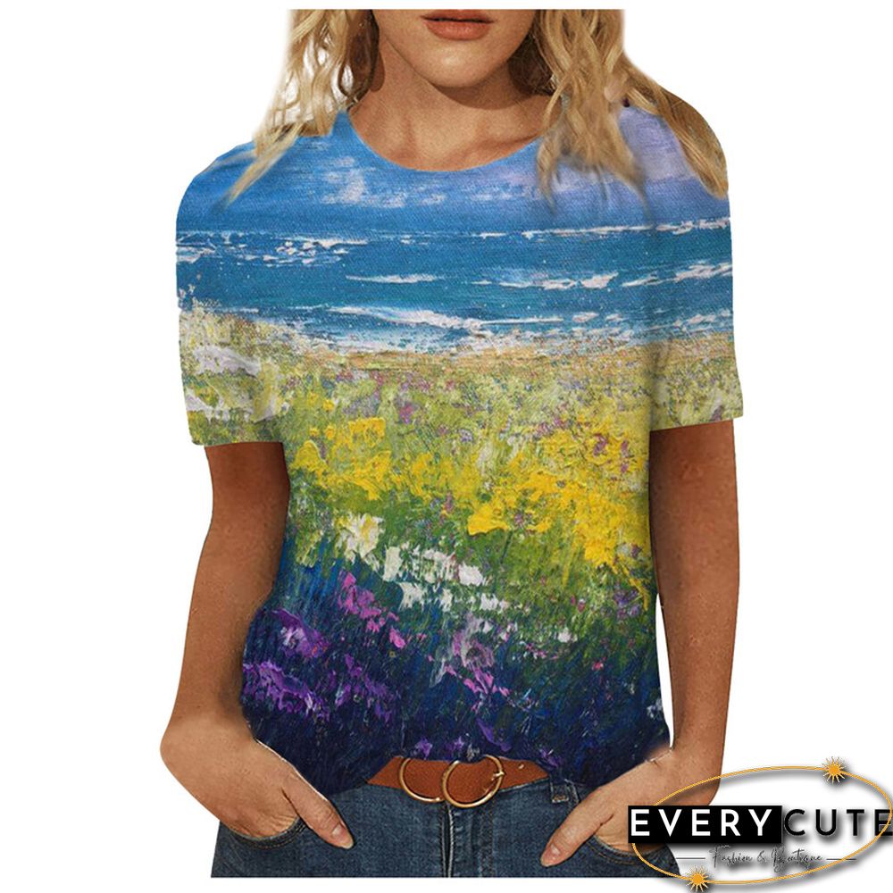 Women 3D Landscape Painting Positioning Sunflower Print T Shirt New Summer Vintage Casual Short Sleeve O-Neck Size Top