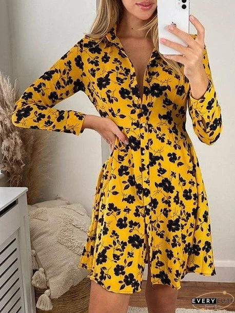 Dresses Floral Button Long Sleeve Shirt Dress for Women