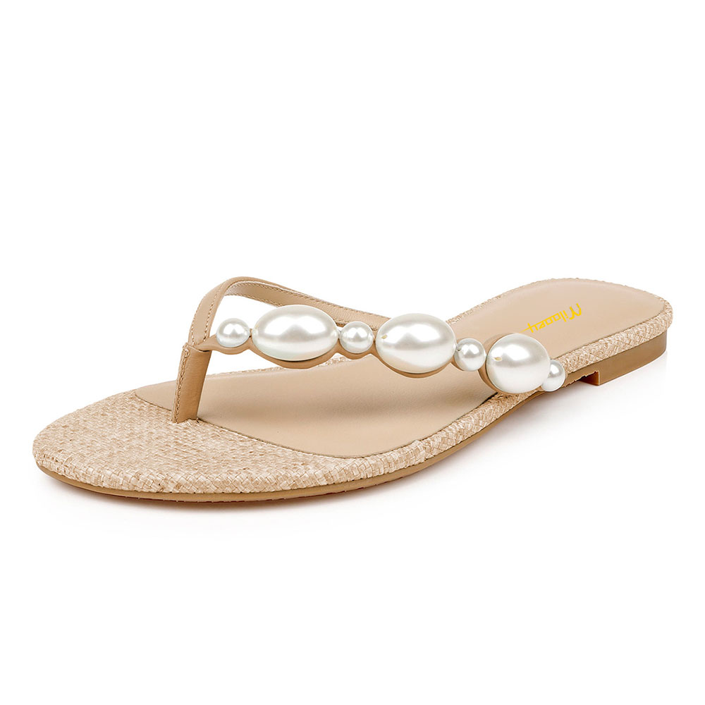 Nude Vegan Leather Round Toe Pearl Flat Flip Flops for Women  Nicepairs