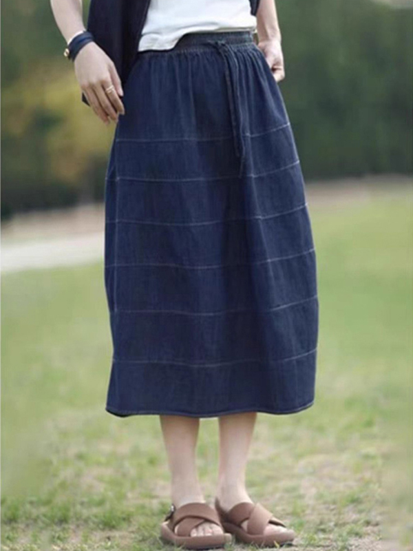 Stitching Lines Detail Drawstring Waist Side Pockets Denim Midi Skirt