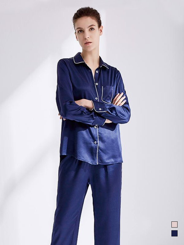 22 Momme Pyjama en soie classique avec pochette Bleu