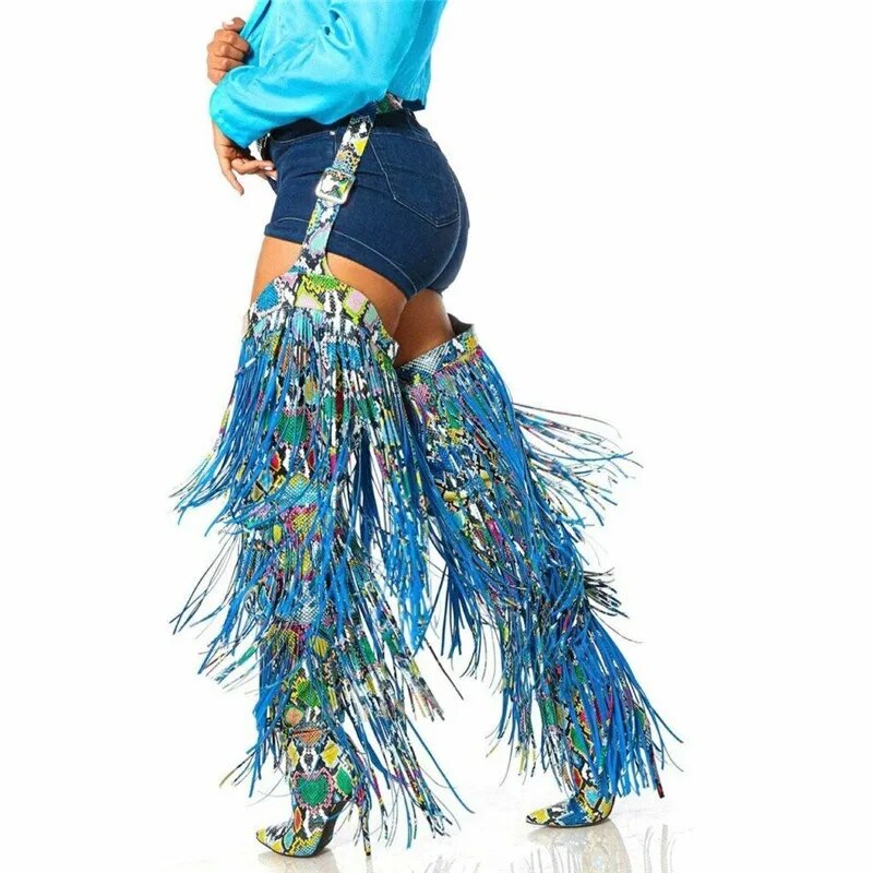 VCSHOES Women Fringe Thigh High Boots Tassel Snakeskin Black Pants Boots Pointed Toe High Heels Over The Knee Boots Women