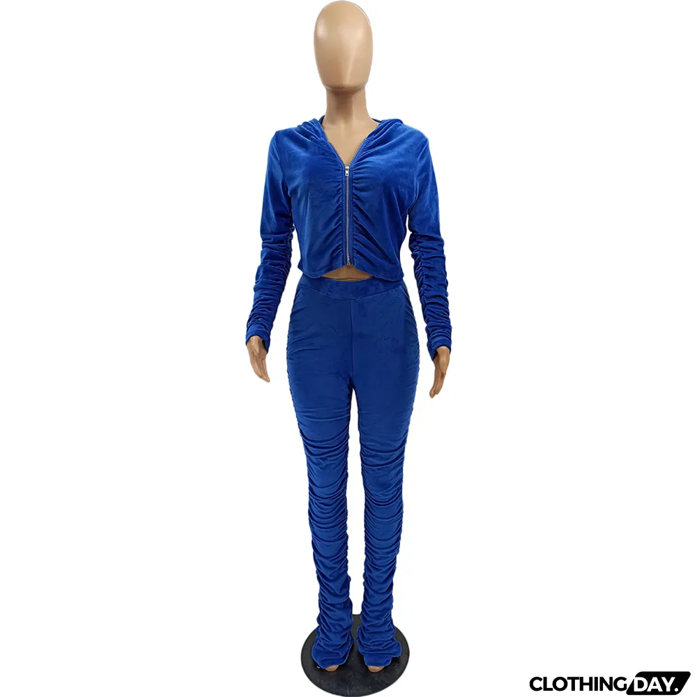 Velvet Pleated Zipper Hooded Jacket Skinny Pants Suit