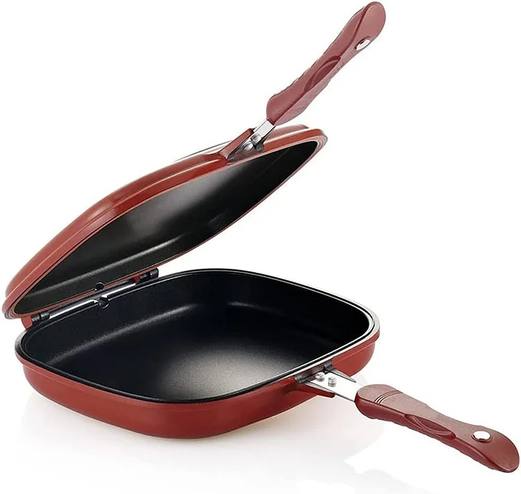 Sartén de doble cara, 28 cm Cuadrado rojo Sartén de doble cara Tortilla con revestimiento antiadherente Sartén de cerámica con mango magnético para parrilla de barbacoa Suministros de cocina