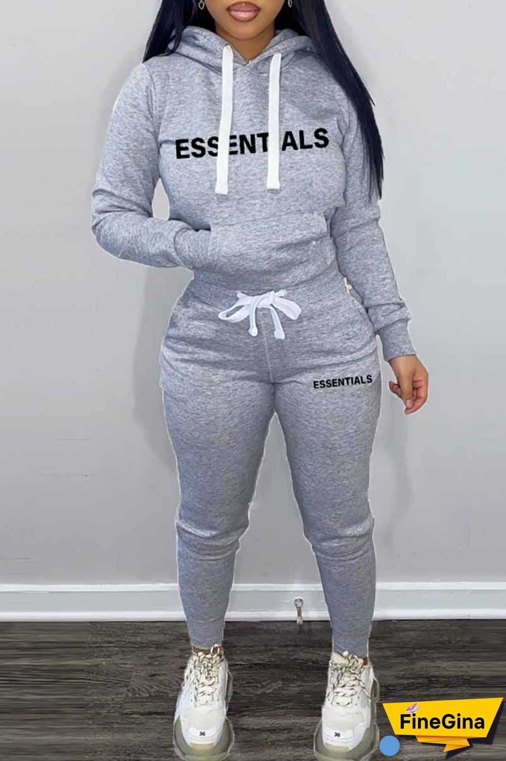 Pink Elegant Print Letter Hooded Collar Long Sleeve Two Pieces