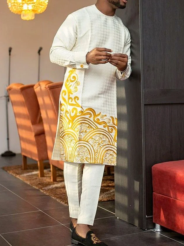 Men's chic casual white geometric print two-piece suit