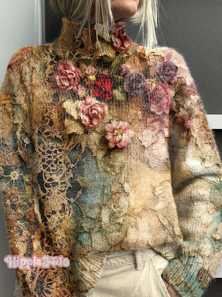 Women’s Vintage Lovely Floral Art Print Knit Turtleneck Pullover Sweater Multicolor / S