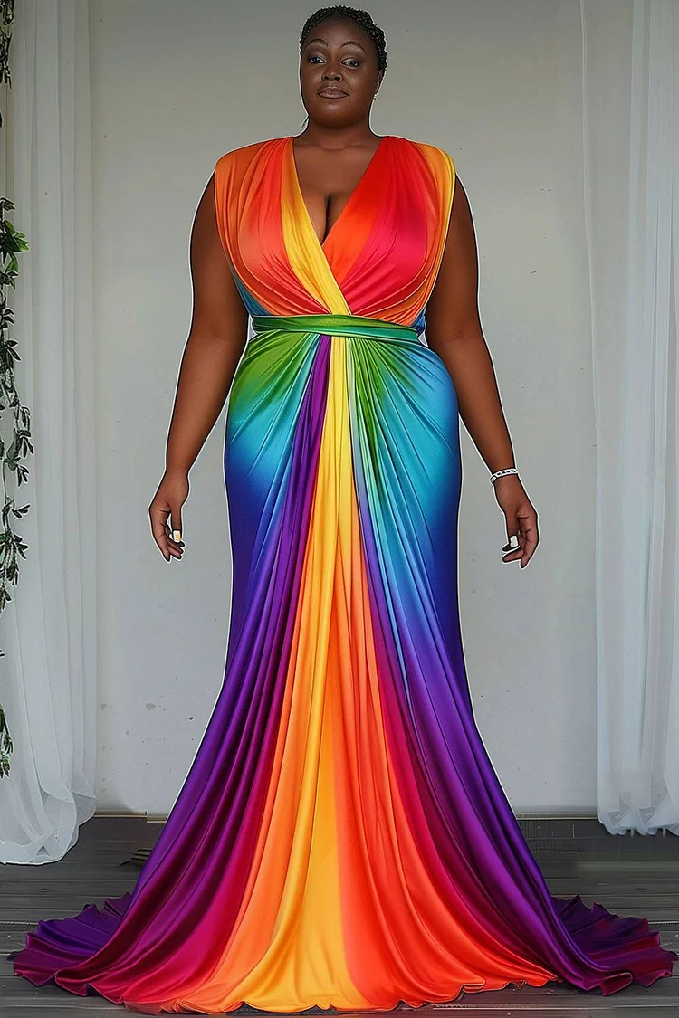 Xpluswear Design Plus Size Formal Rainbow Colorblock Wrap Neck Knitted Maxi Dresses [Pre-Order]