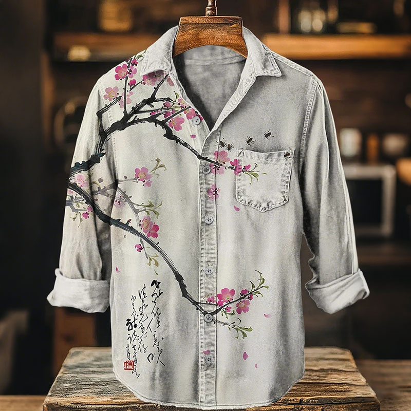 Men's Vintage Ink Wash Art Floral Bee Print Cozy Long Sleeve Shirt  artssus