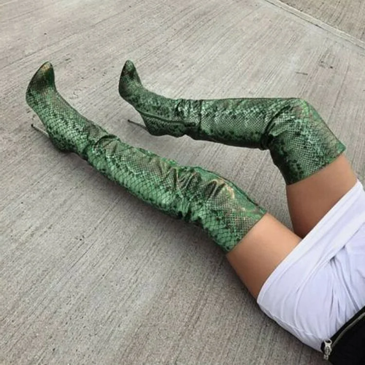 Green Snakeskin Print Pointed Toe Shoes Stiletto Thigh High Boots |FSJ Shoes