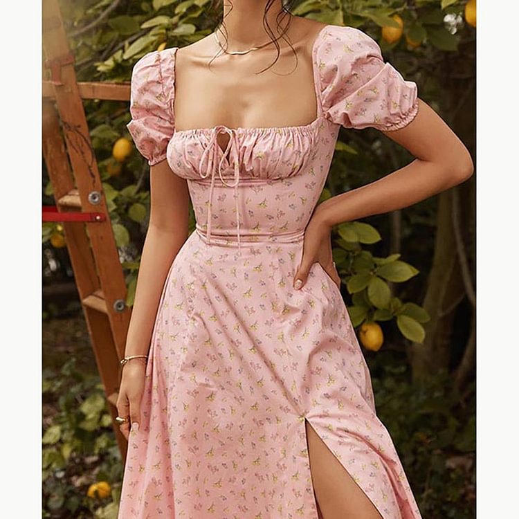 Pink Milkmaid House of CB Tallulah Garden Party Cottagecore Aesthetic Fairycore Dresses Princess Sleeves Split Chiffon Floral Dress