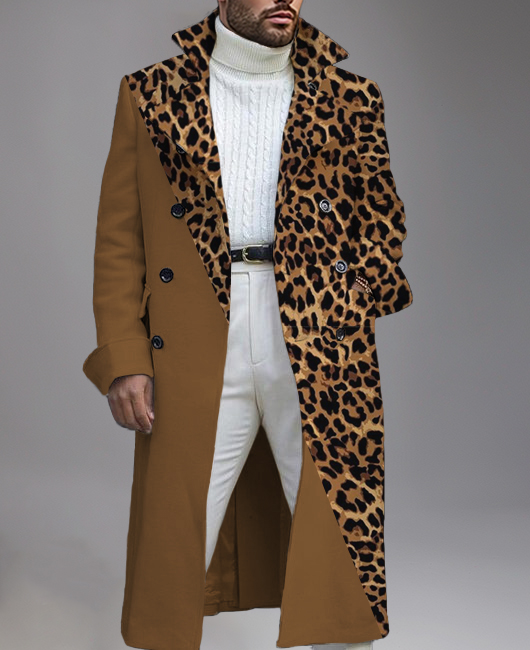 Business Lapel Double Breasted Pocket Leopard Pattern Splicing Overcoat