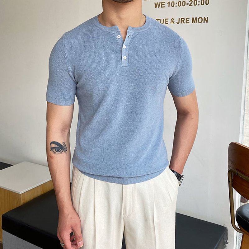 Versatile Henley Collar Short Sleeve Gentleman T-Shirt