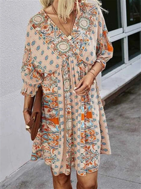 Women's Short Sleeve V-neck Floral Printed Lace-up Midi Dress