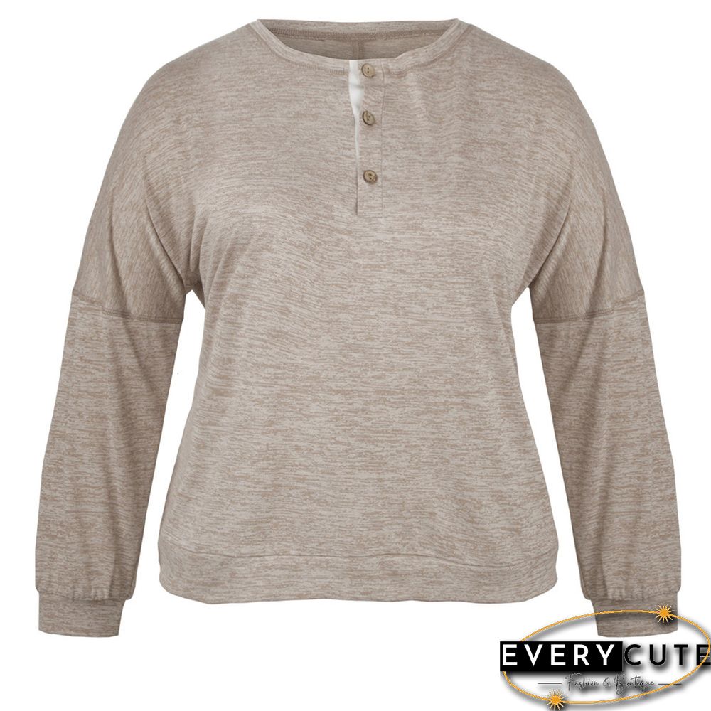 Khaki Button Neck Loose Style Plus Size Tops