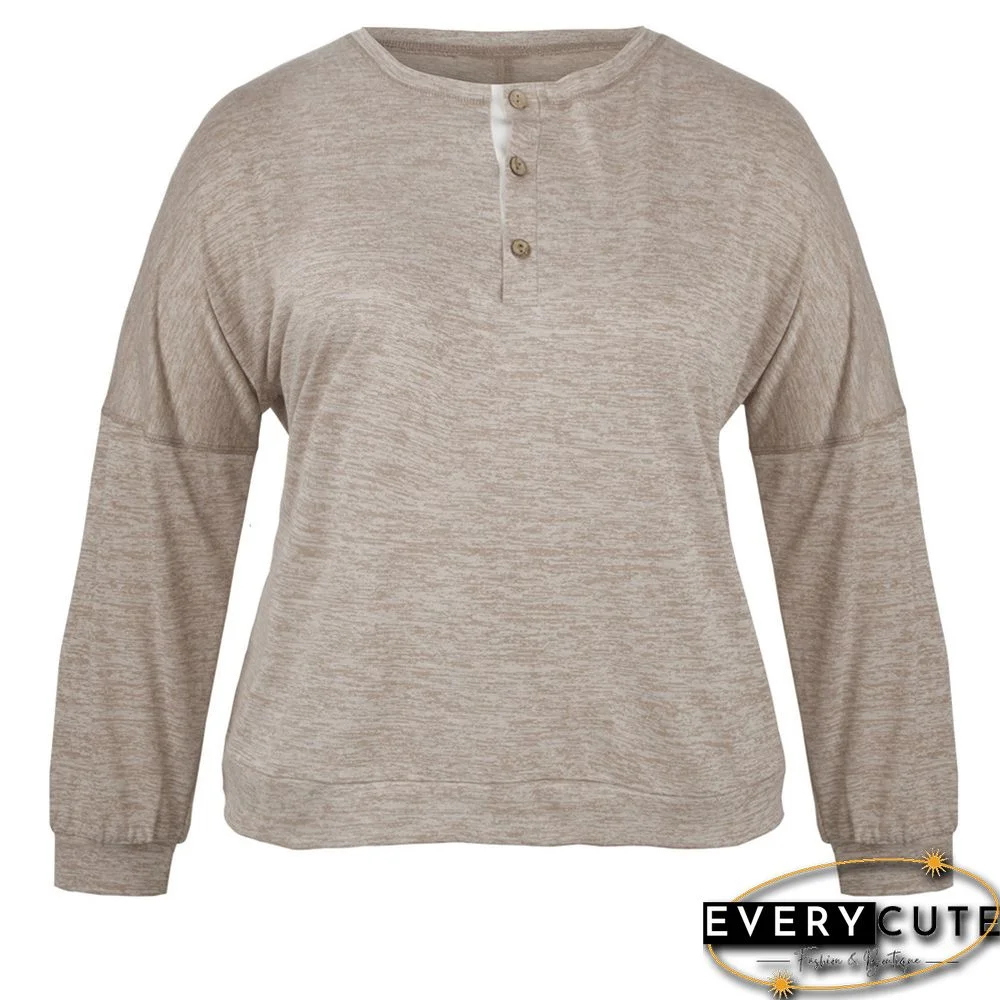 Khaki Button Neck Loose Style Plus Size Tops